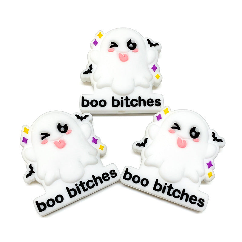 Silicone Focal Beads Halloween Winking Ghost With Printed Text 20pcs 4
