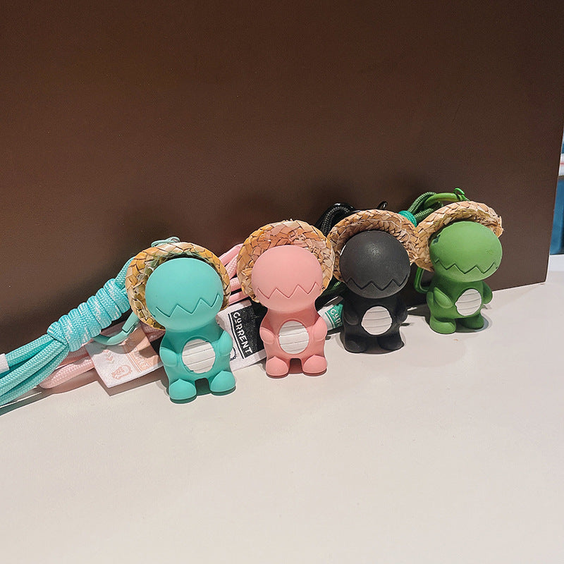 Cartoon Resin Dinosaur Keychain with Straw Hat Pastel Colors 3
