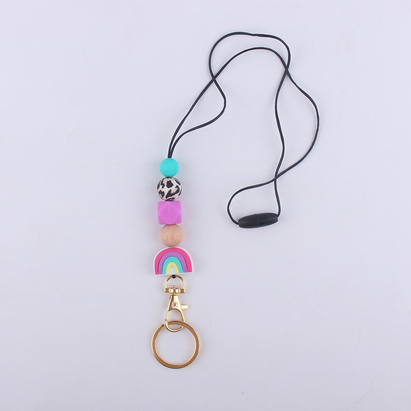 Silicone Rainbow Beaded Keychain Necklace with Leopard Print Accent 4