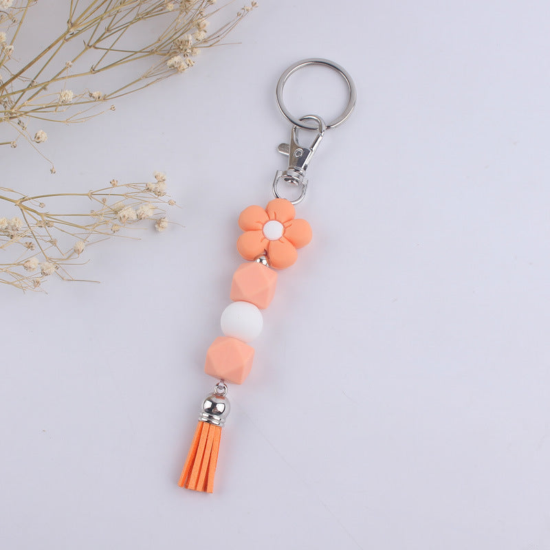 Flower Silicone Bead Keychain Colorful Floral Tassel Charm 9