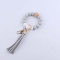 Octagonal Silicone Bead Wristlet Keychain Matte Beech Wood Tassel 6