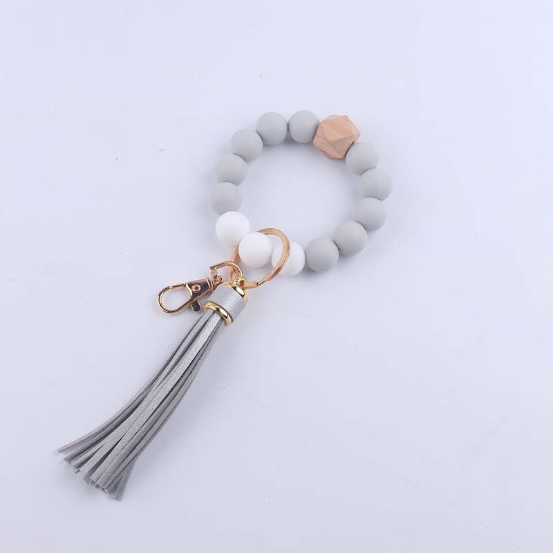 Octagonal Silicone Bead Wristlet Keychain Matte Beech Wood Tassel 6