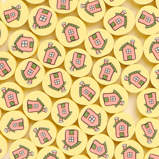 Flat Round Clay Beads 9mm Yellow with Pink House Pattern 100pcs