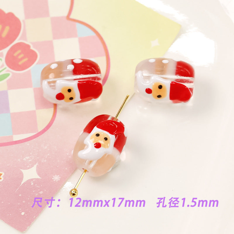 Lampwork Glass Beads Oval Cylindrical Hand Painted Christmas Theme 10pcs 7