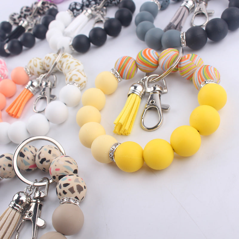 Tassel Leopard Print Silicone Bead Wristlet Keychain Soft Matte 4