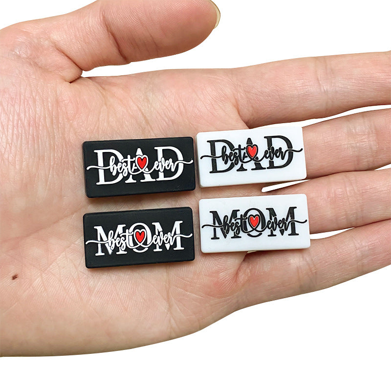 Silicone Focal Beads Love Dad Or Mom Rectangular Black White 20pcs 5