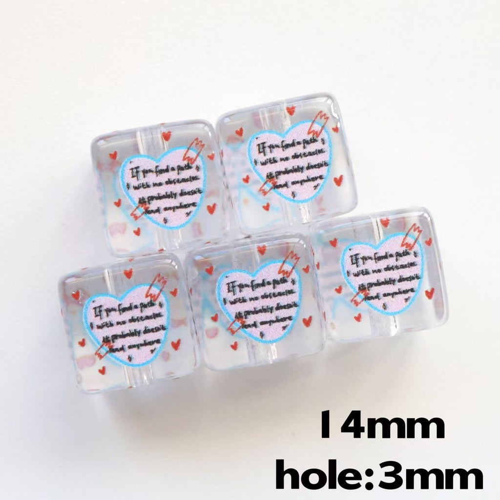 Clear Square Acrylic Beads 14mm Pastel Printed Designs 20pcs 6