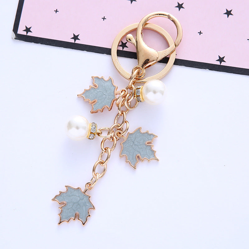 Alloy Maple Leaf Keychain with Faux Pearl Gold Tone 6