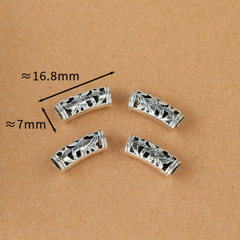 Tube Metal Beads Tibetan Hollowed-out Flower Pattern Vintage Silver Tone 20pcs 11