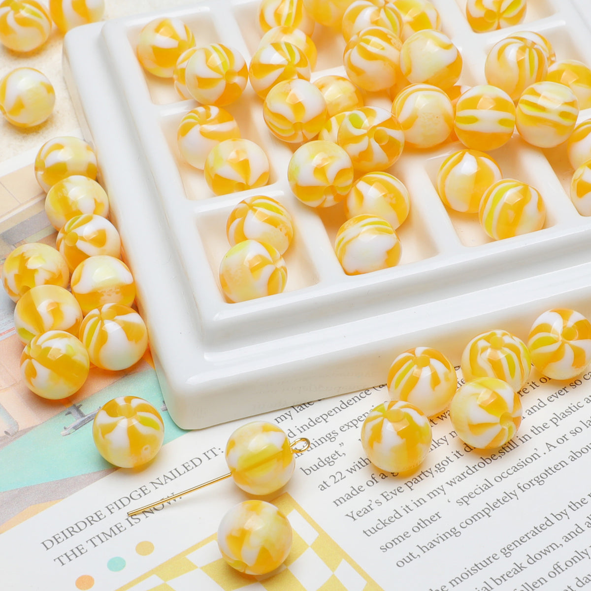 Japanese Candy Striped Resin Beads 10mm Glossy Yellow White 30pcs 4