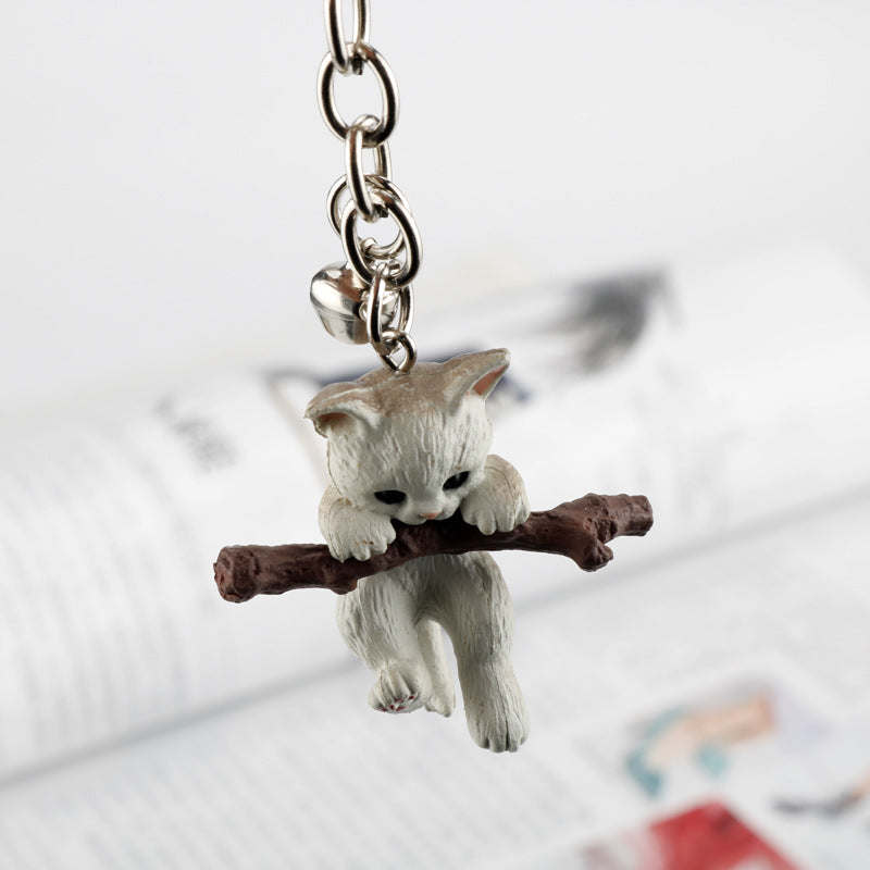 Resin Cat Keychain Cartoon Playful White Kitten with Branch Charm 2