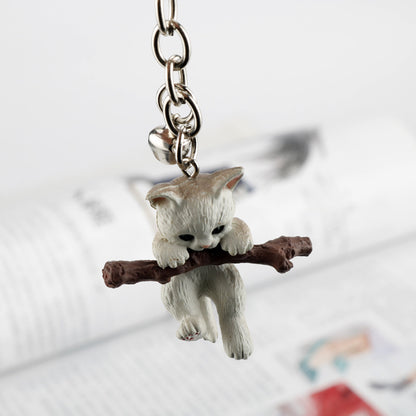 Resin Cat Keychain Cartoon Playful White Kitten with Branch Charm 2