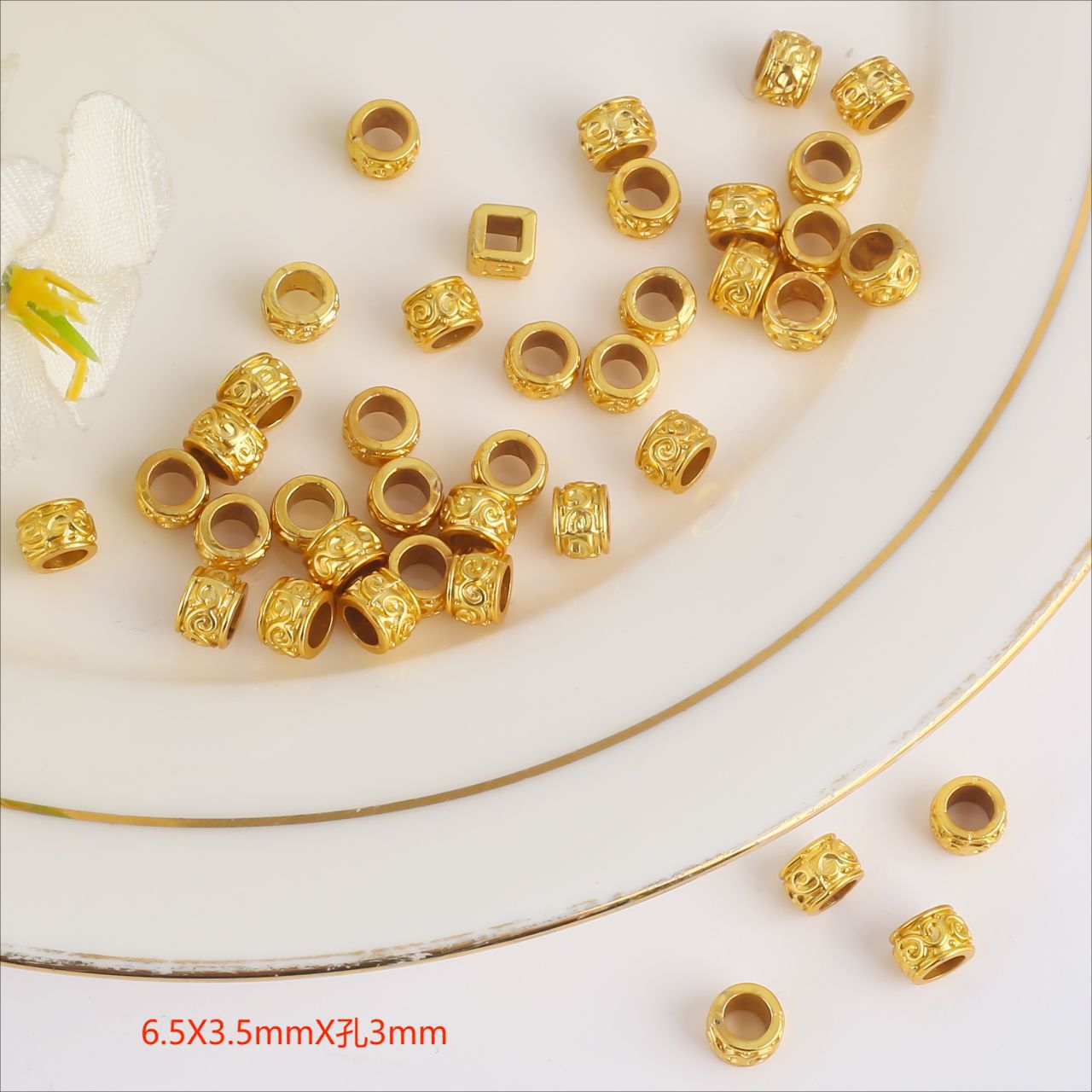 Brass Tube Metal Beads 6.5mm Tibetan Patterned Large Hole 100pcs 6