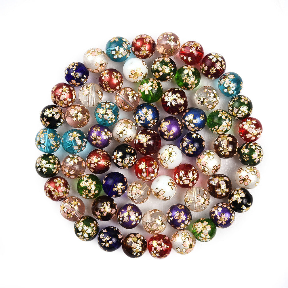 Frosted Round Glass Beads 8-12mm Translucent Gold Floral Design 50pcs 2