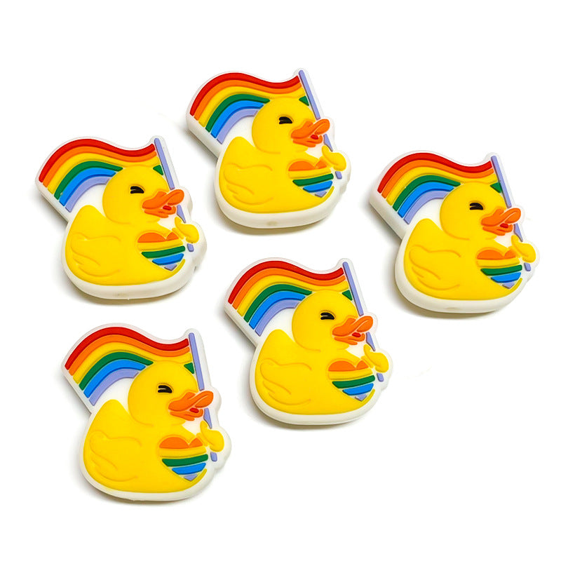 Silicone Focal Beads Little Yellow Duck Holding Rainbow Flag 20pcs 2