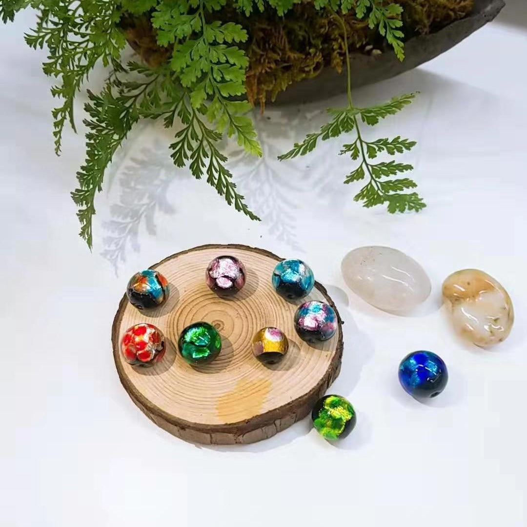 Lampwork Glass Beads Round 8-14mm Glow In The Dark Gold Foil Vintage 10pcs