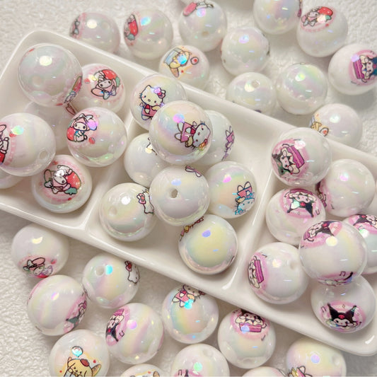 Plated Bubblegum Beads 19mm White Iridescent Sanri Character Prints 5pcs