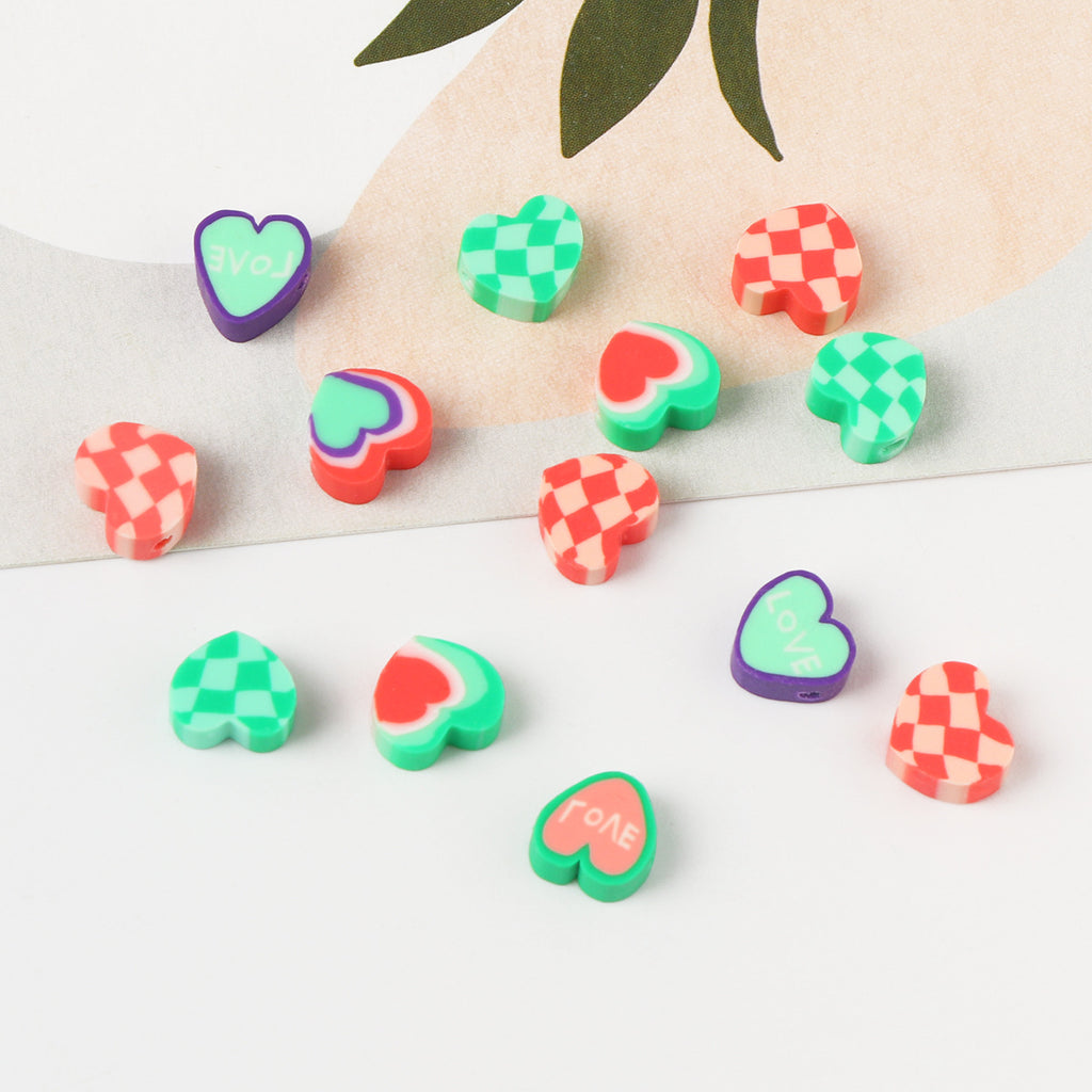 Christmas Heart Clay Beads 10mm Red Green Patterned 100pcs 3