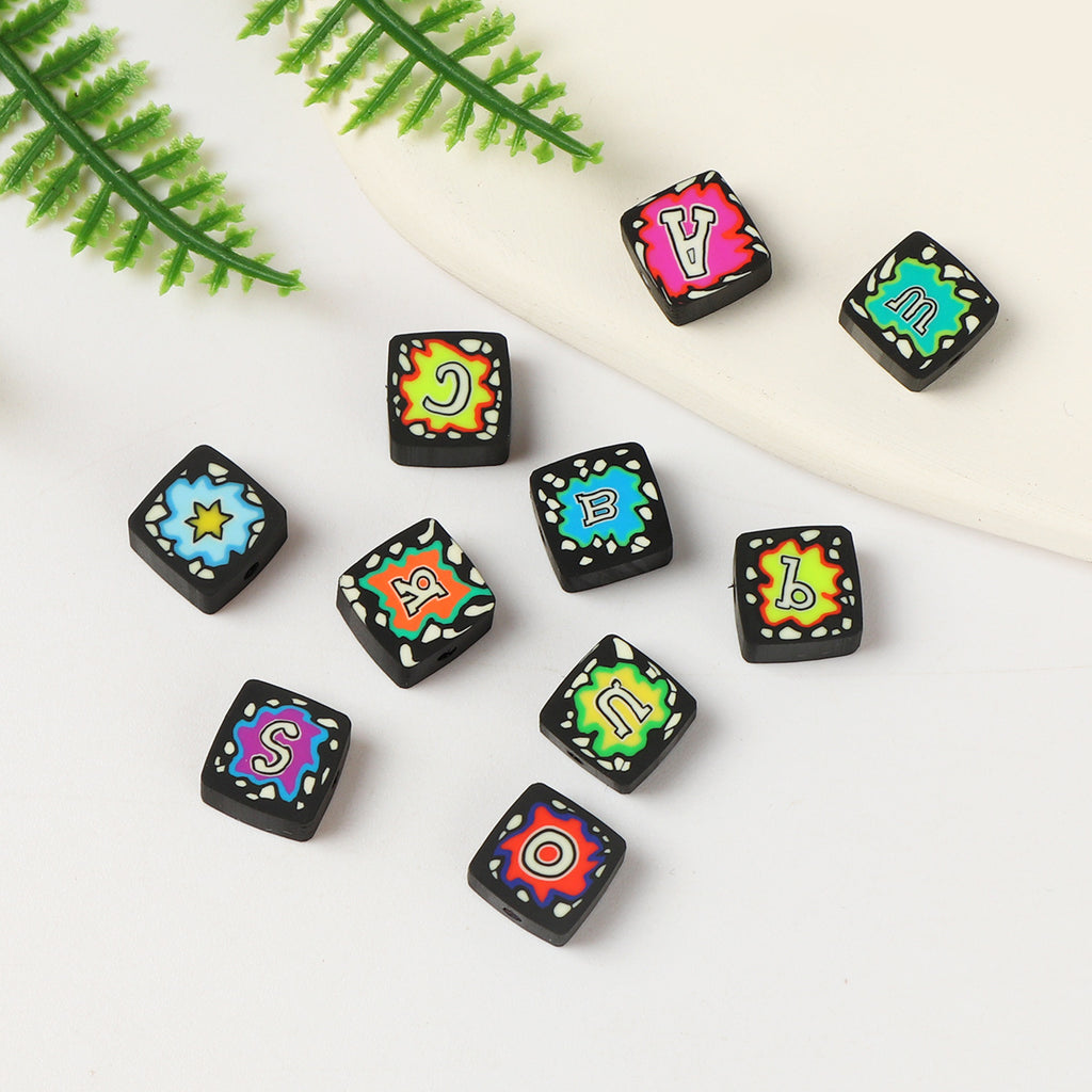 Square Clay Beads 10mm Punk Style Neon Paint Splatter 100pcs 4