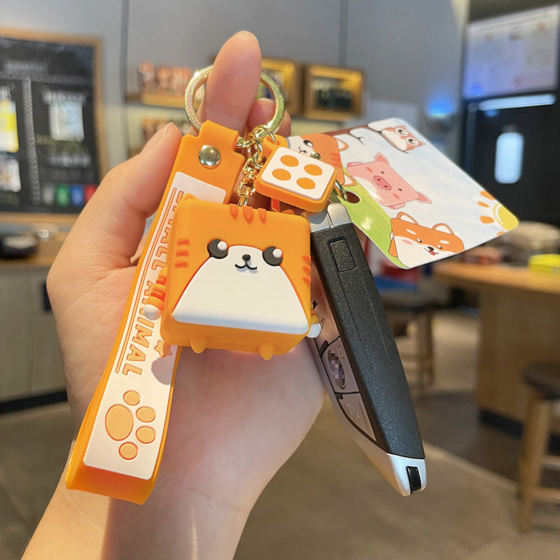 PVC Rubber Cube Animal Keychain with Leather Rope Dog Cat Owl Piggy 3