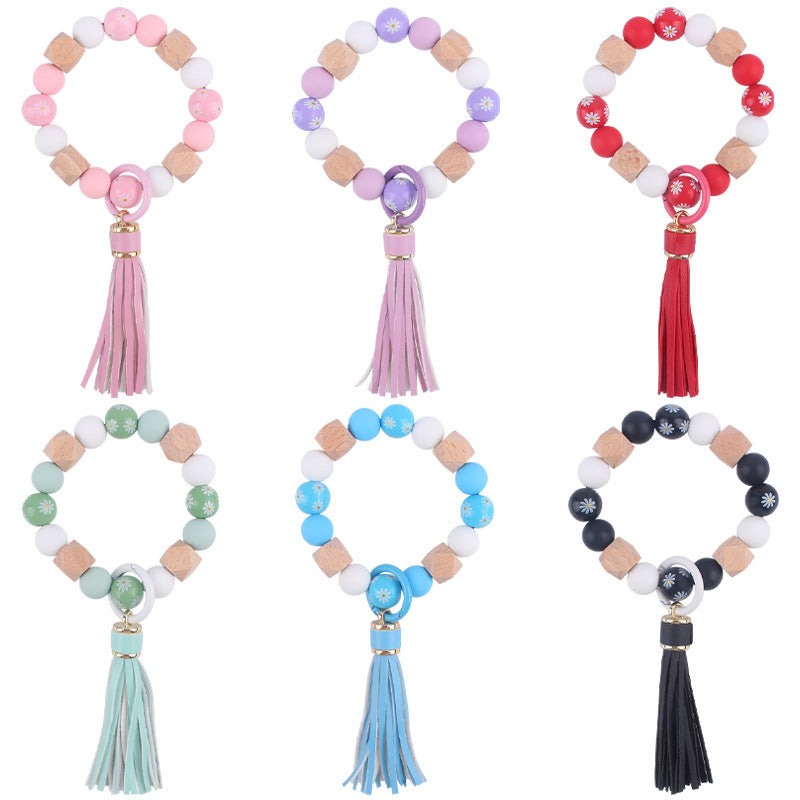 Daisy Tassel Silicone Beaded Wristlet Keychain Colorful Charm