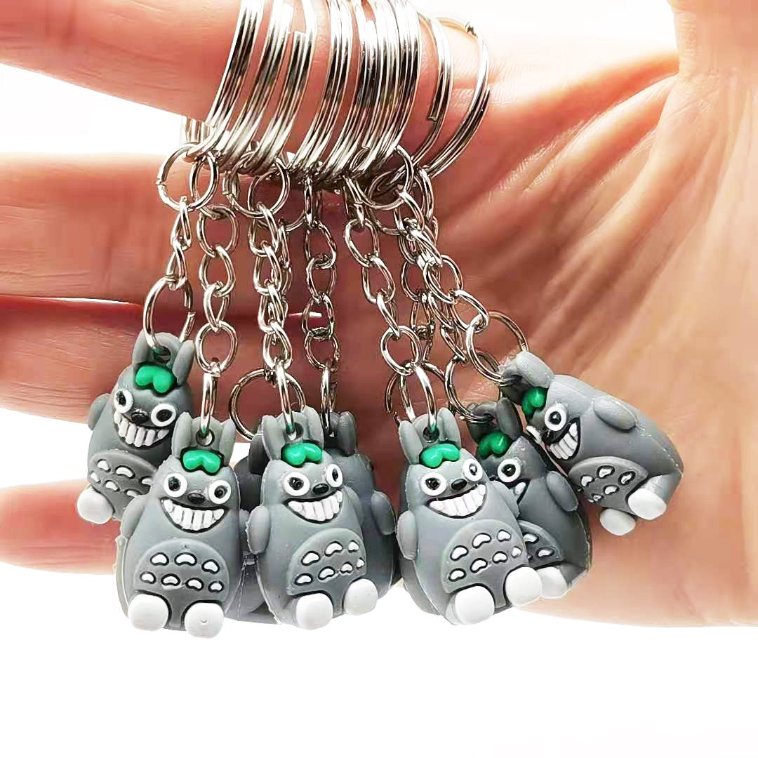 Cartoon Animal Mini Totoro Keychain PVC with Green Leaf Accent
