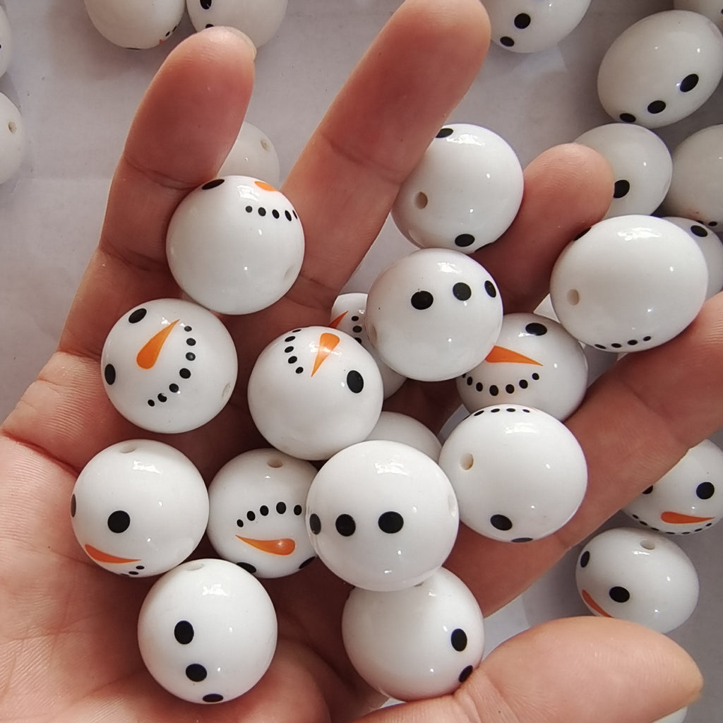 Printed Bubblegum Beads 20mm Snowman Face Chunky White Acrylic 10pcs 2