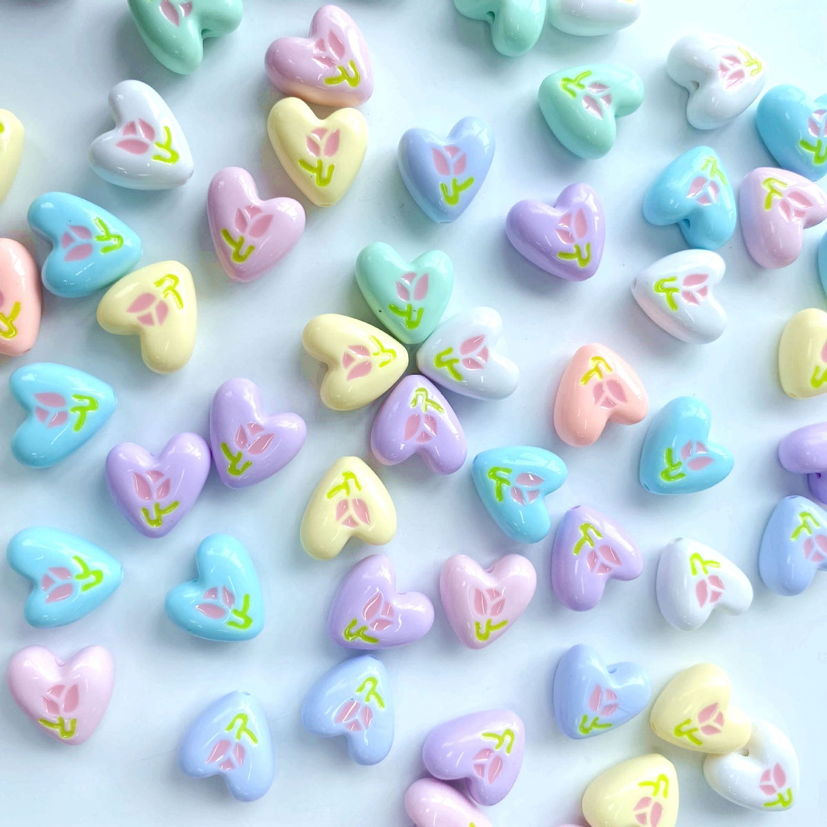Hand Painted Heart Acrylic Beads 20mm Summer Tulip Pastel 100pcs 2