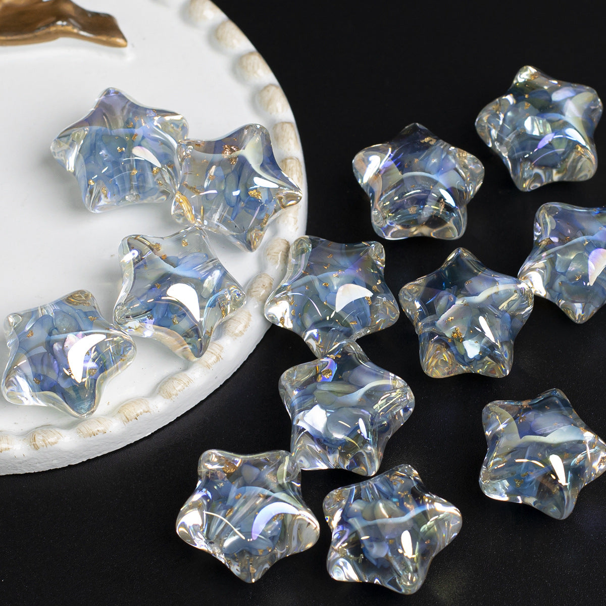 Clear Floral Star Resin Beads 22mm Translucent with Gold Flakes 10pcs 17