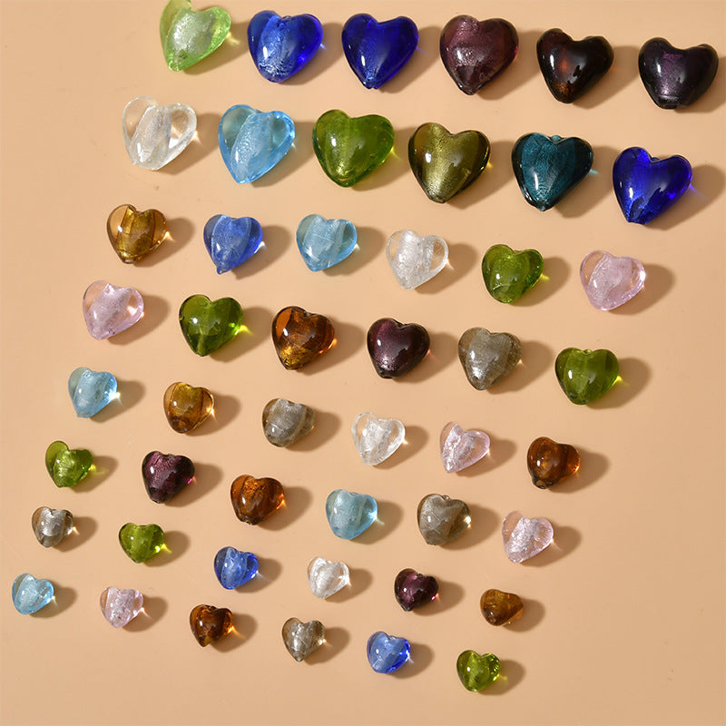 Lampwork Heart Glass Beads 10-20mm Transparent Silver Foil Filled 2pcs