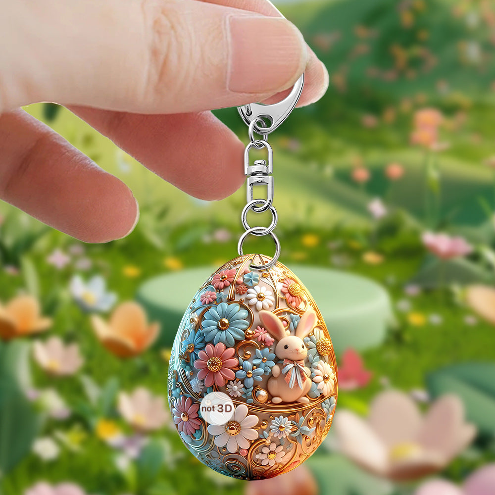 Easter Rabbit Keychain Acrylic Printed Garden Design 2pcs 6cm 4