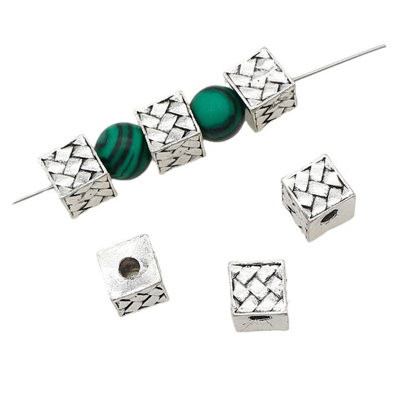 Square Metal Beads 7.5mm Woven Pattern Antique Silver Tone 1pc 5