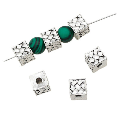 Square Metal Beads 7.5mm Woven Pattern Antique Silver Tone 1pc 5