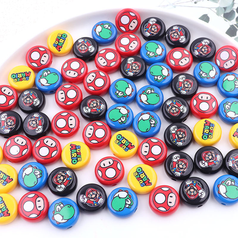 Flat Round Acrylic Beads 17mm Mario Print Colorful 50pcs 2