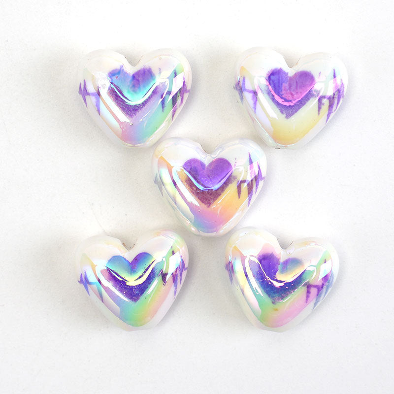 UV Plating Heart Acrylic Beads 17mm Two-Color ECG Pattern 50pcs 7