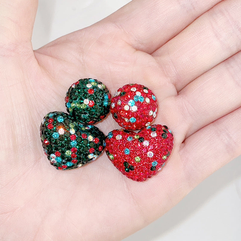 Polymer Clay Heart Rhinestone Beads Christmas Tone 6pcs