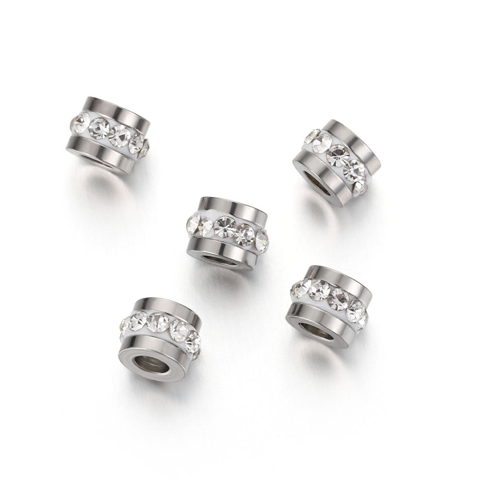 Stainless Steel Tube Metal Beads 7mm Rhinestone Embeded 10pcs 6