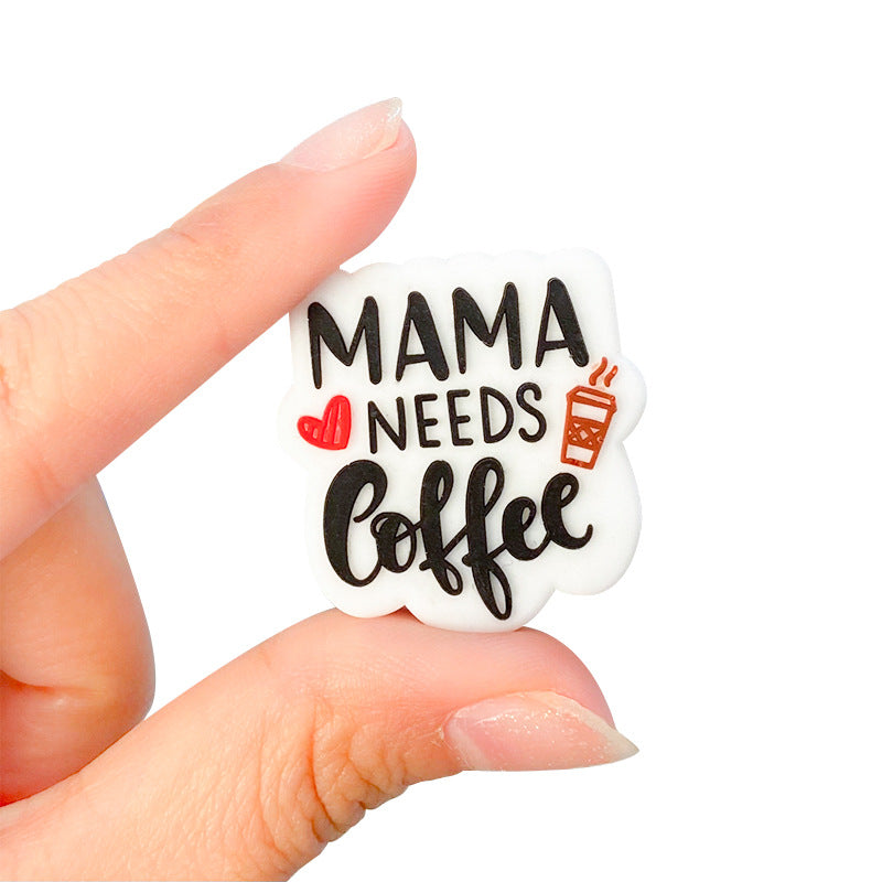 Silicone Focal Beads Mama Needs Coffee Letters Printed Red Heart 20pcs 2