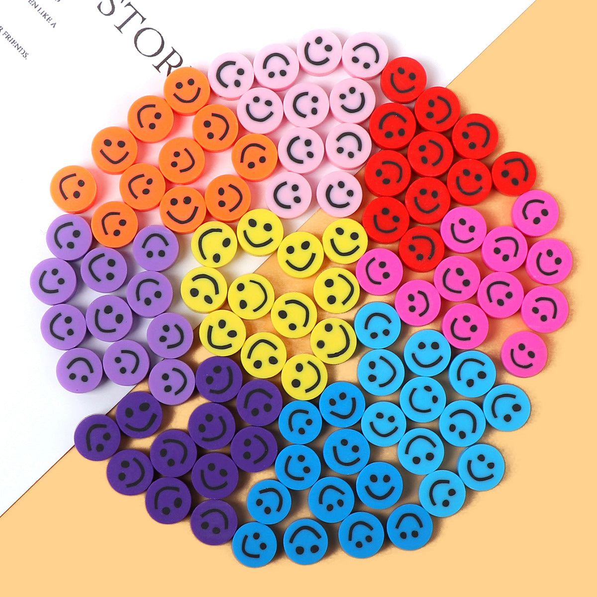 Smiley Face Flat Clay Beads 9mm Colorful Multicolor 100pcs 14