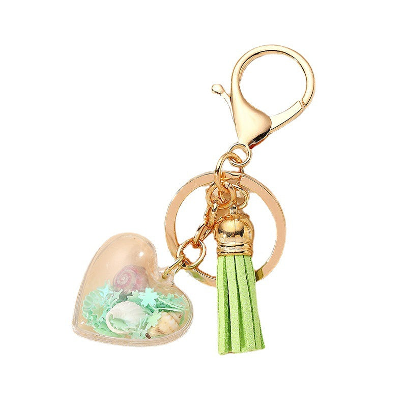 Acrylic Rainbow Pearl Heart Keychain with Pastel Beads and Green Tassel