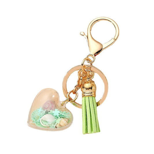 Acrylic Rainbow Pearl Heart Keychain with Pastel Beads and Green Tassel