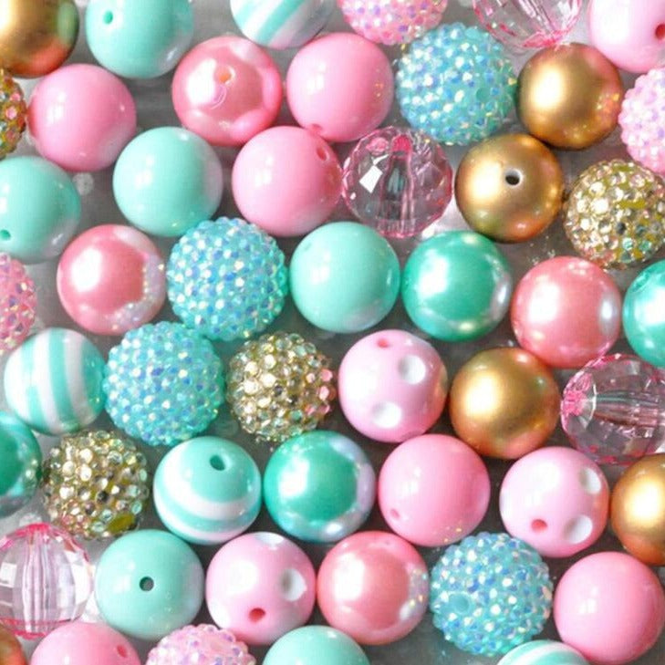 Bubblegum Beads 20mm Pink Blue Teal Gold Glitter Striped Chunky Mix 50pcs 2