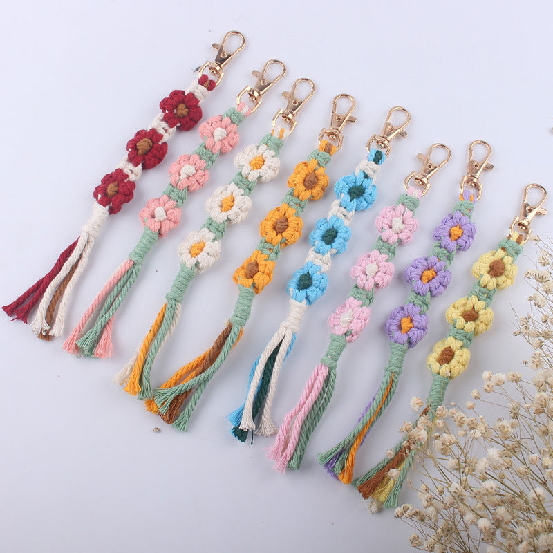 Handmade Woven Flower Keychain Cotton Polyester Gold Clasp