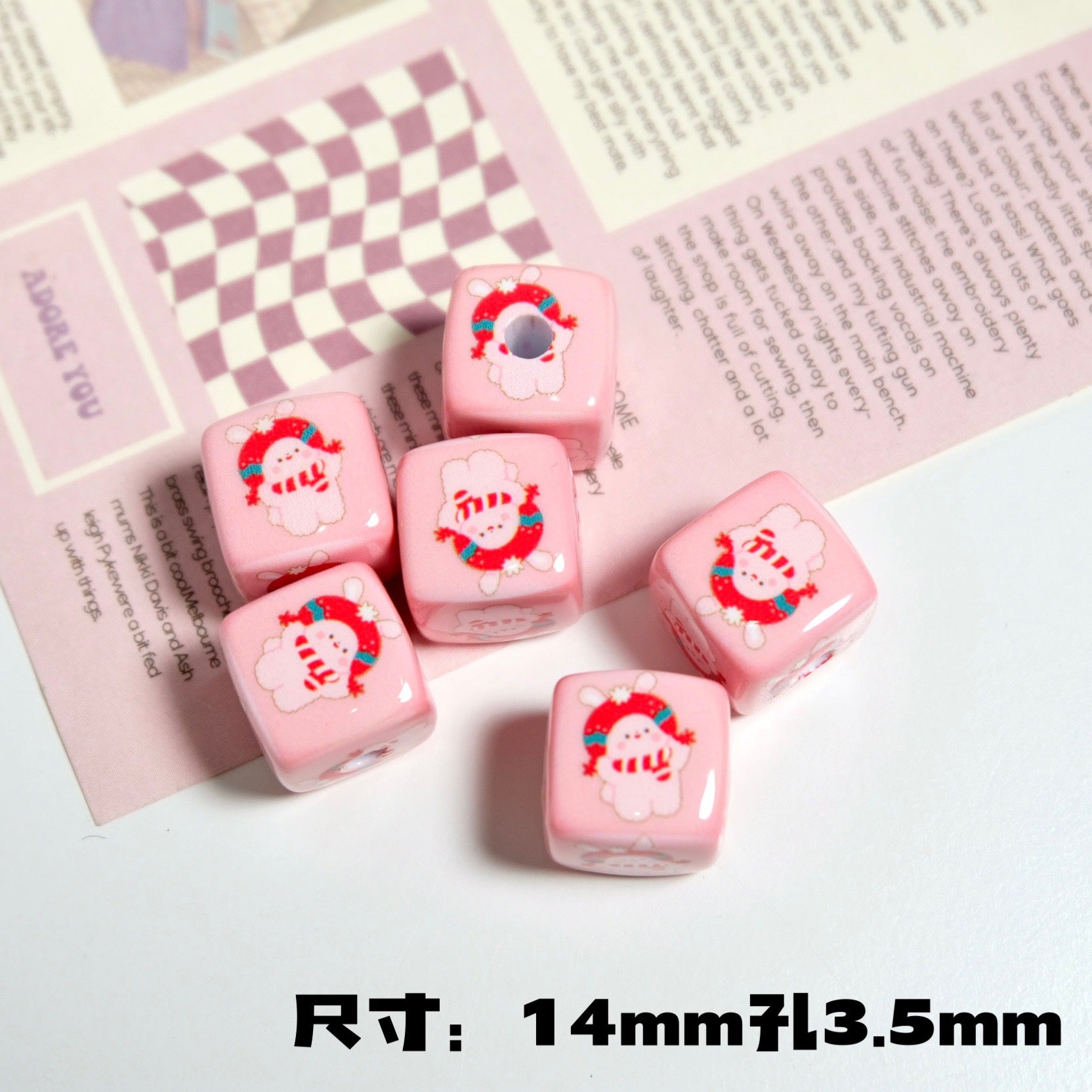 Christmas Square Acrylic Beads 14mm Colorful Printed 10pcs 6