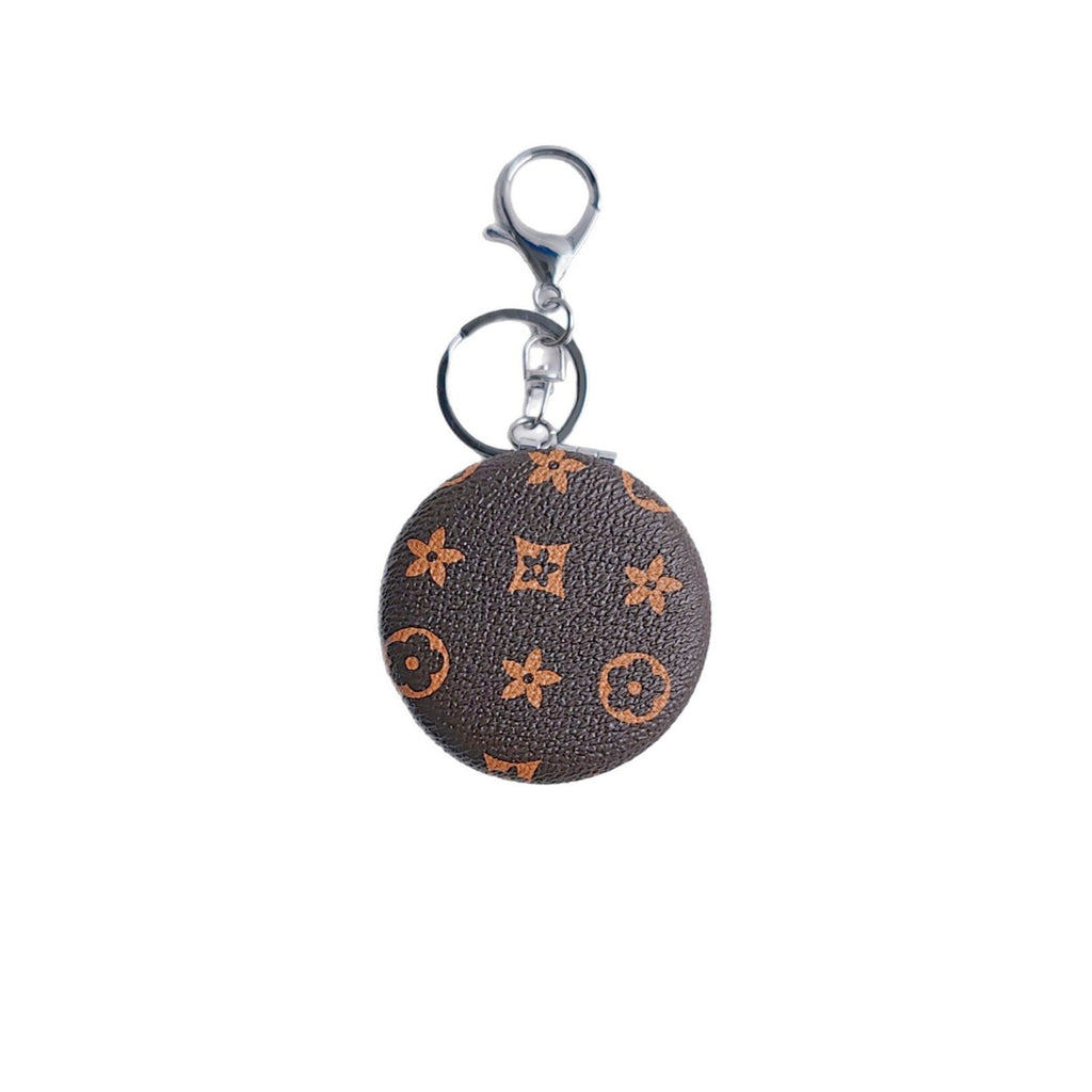 Plaid Pattern PU Leather Round Mirror Keychain Gold Clasp 2pcs 5