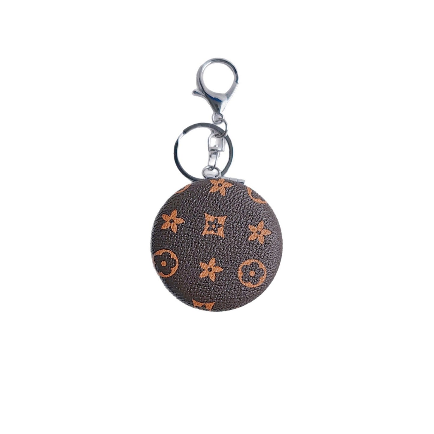 Plaid Pattern PU Leather Round Mirror Keychain Gold Clasp 2pcs 5