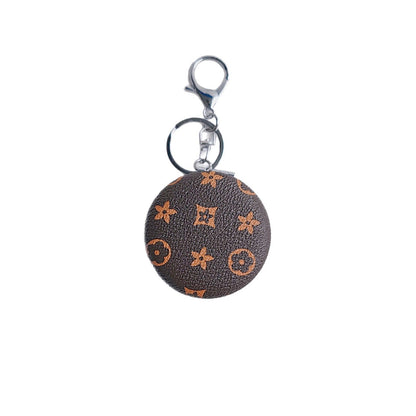 Plaid Pattern PU Leather Round Mirror Keychain Gold Clasp 2pcs 5