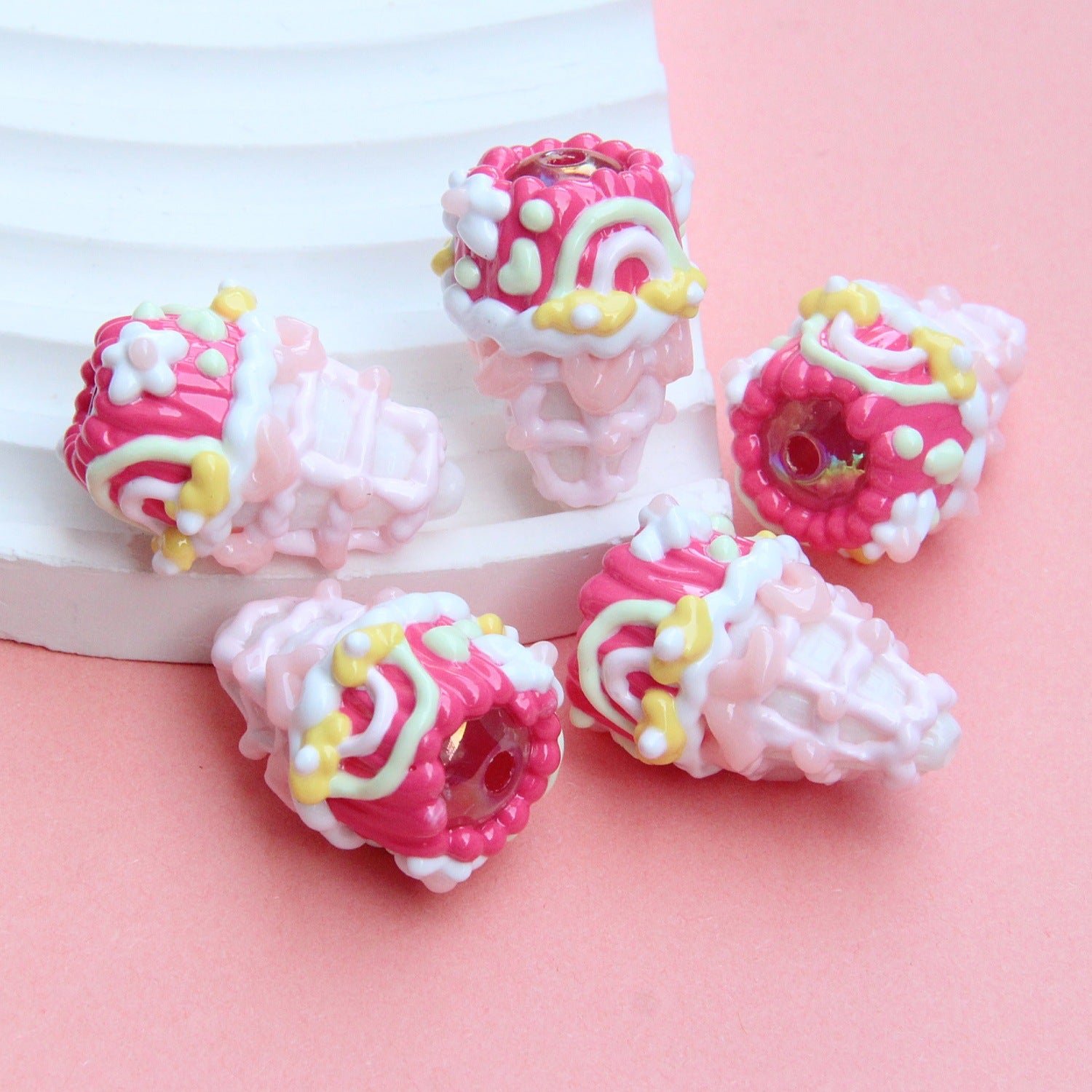 Hand Painted Acrylic Beads 3D Christmas Bells and Cabin 5pcs 11