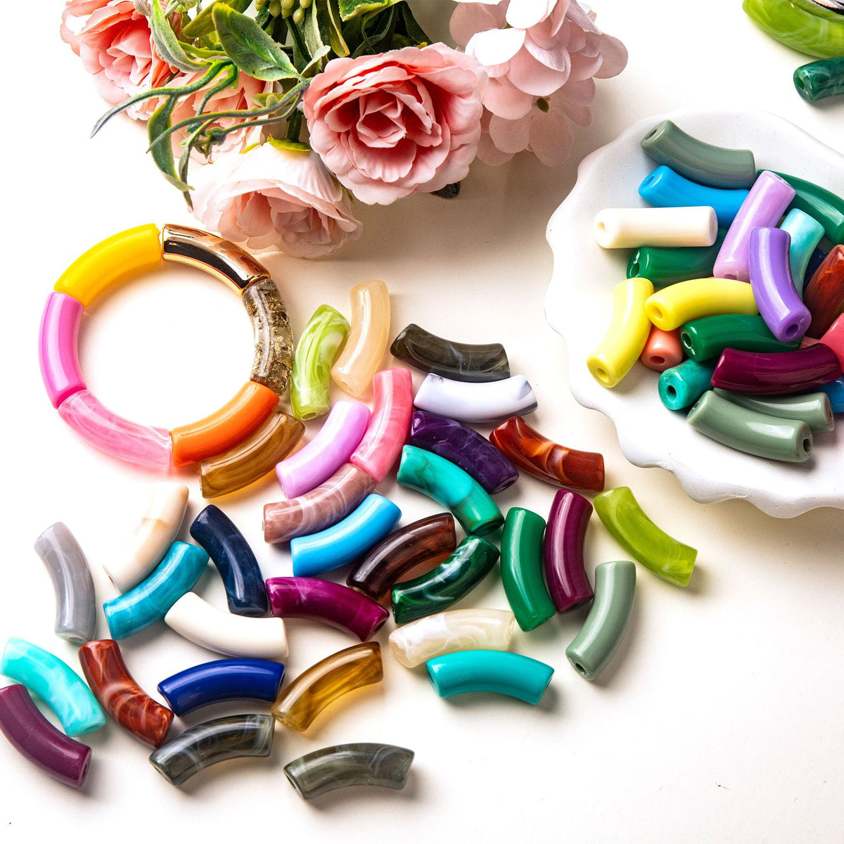 Halo Elbow Tube Acrylic Beads 36mm Glossy Curved Mixed Colors 50pcs