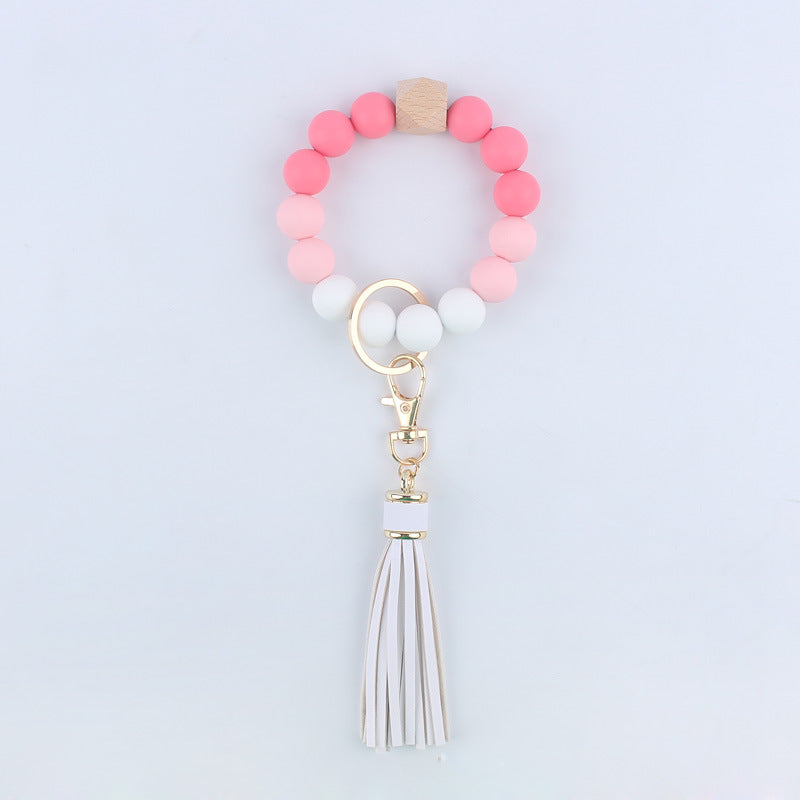 Silicone Beaded Wristlet Keychain with Wooden Beads and Leather Tassel 8cm 7
